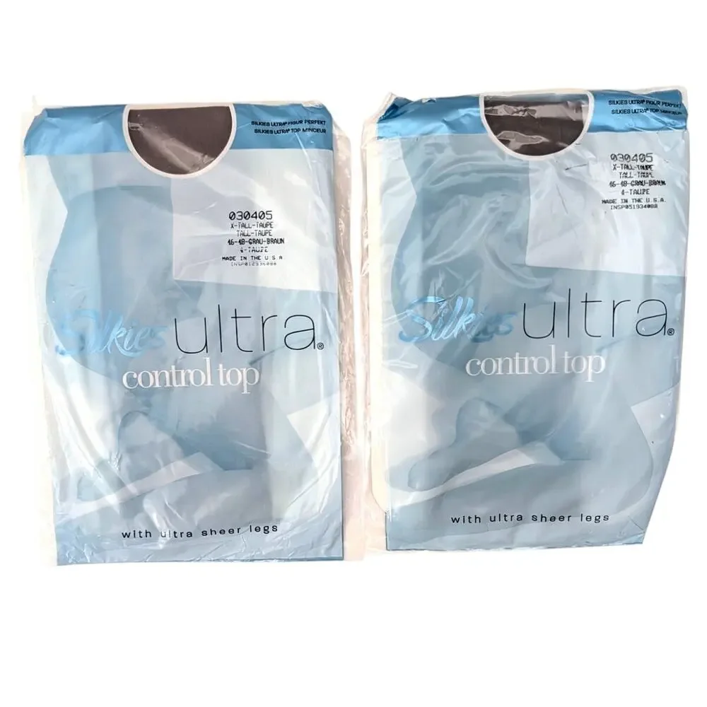 Lot of 2 Vtg Silkies Ultra Control Top 030405 X-TALL Taupe Sheer Hosiery NIP